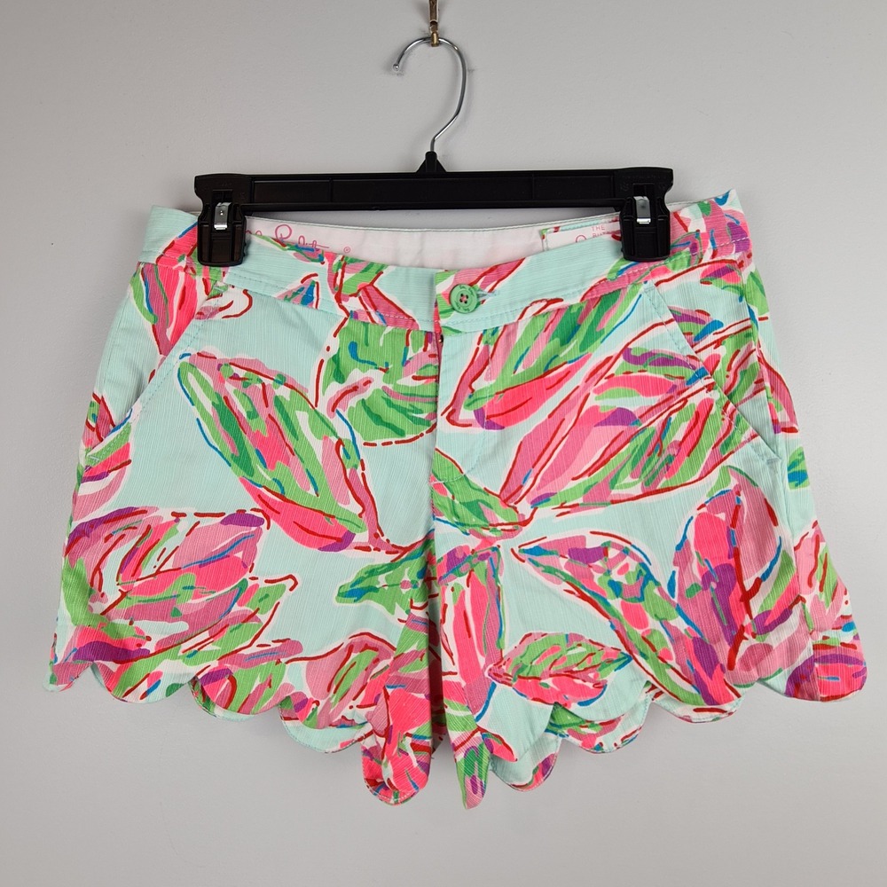 Lilly Pulitzer‎ The Buttercup Shorts 0 Mint Green Pink Floral Scallop Hem Cotton